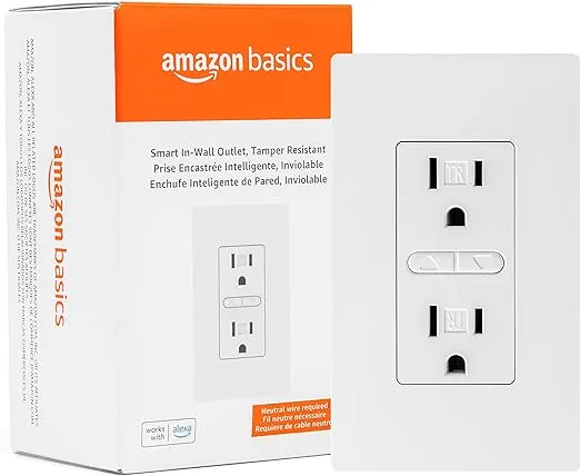 Amazon Basics - Smart In-Wall Outlet, Works with Alexa Only, 2.4 GHz Wi-Fi, No Hub Required, White, 2.8 x 1.85 x 4.57 inches