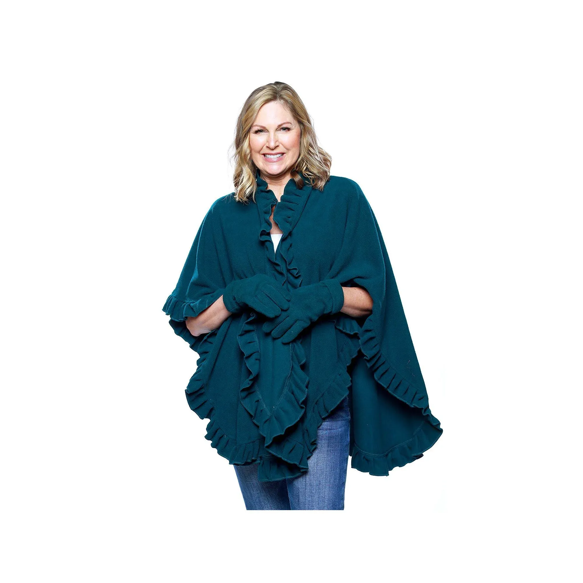 Women's Frilled Solid Color Fleece Poncho Shawl with Matching Gloves