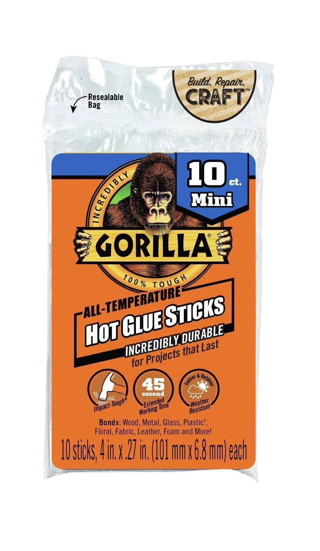 Gorilla 4 inch Mini Hot Glue Sticks, 10 Pack