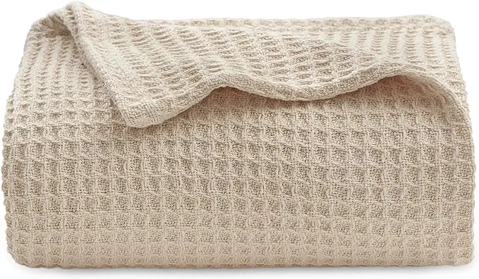 Bedsure 100% Cotton Blanket Twin XL Size for Bed - Waffle Weave Fall Blanket, Lightweight and Breathable Soft Woven Blanket for Summer, Beige, 66x90 inches