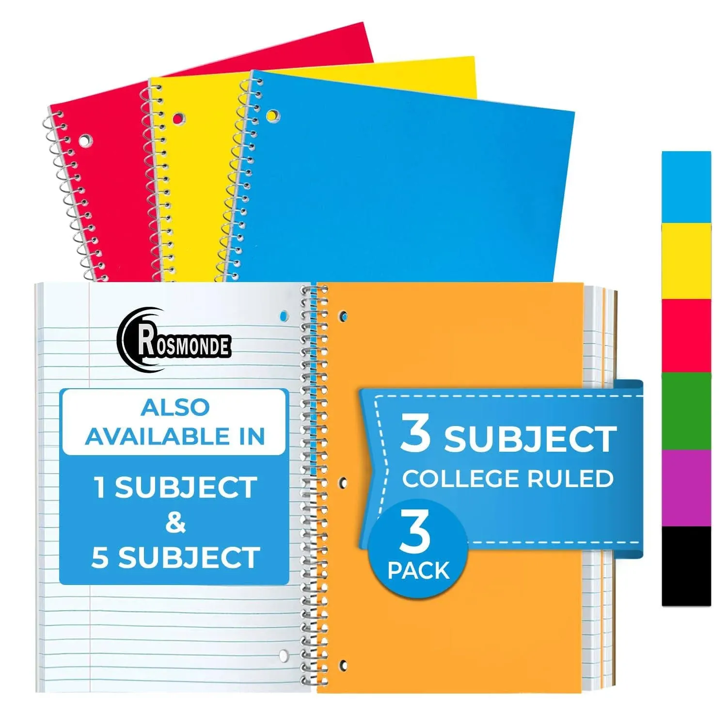 Rosmonde 3 Subject Notebook College Ruled, 3 Pack, Extra Pages - 300 Pages (150 Sheets), No-Bleed Paper, 3 Hole Punched, 8x10-1/2, 3 Subject Spiral Notebook for School, Home & Office, Assorted Colors