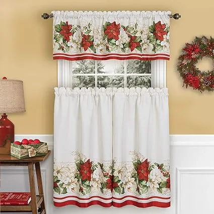 Red and White Poinsettia Elegant Holiday Kitchen Tiers and Valance - 3 Piece Set ...