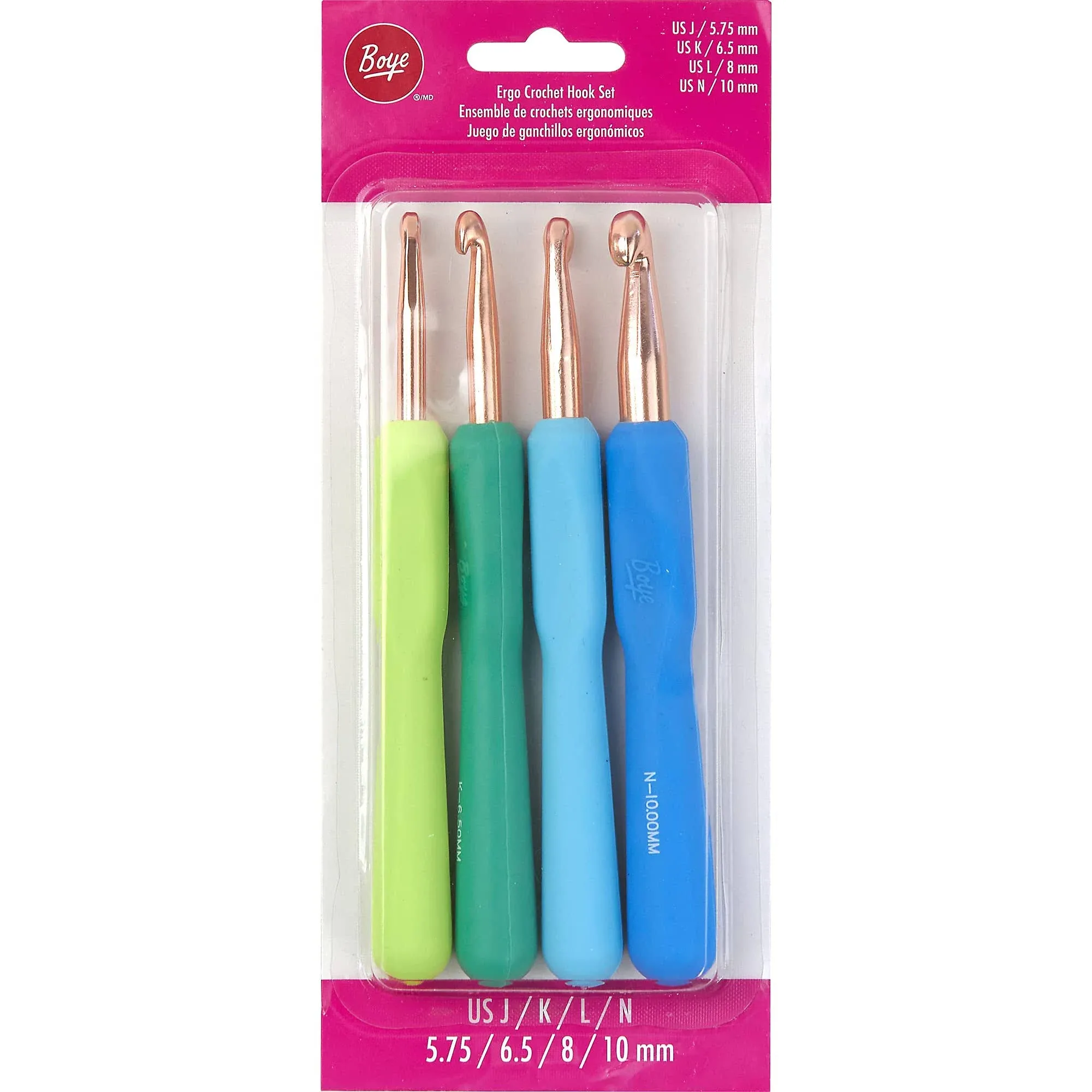 Boye Ergonomic Aluminum Crochet Hook Set 4 PkgSizes J K L N