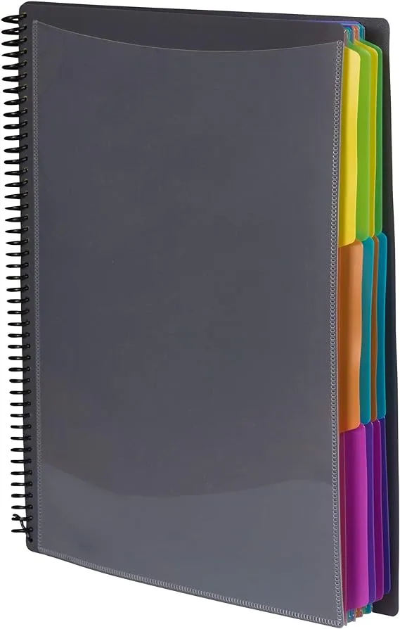 JAM PAPER Plastic Multi Pocket Folder - 24 Pocket Organizer with Zipper Pouch - Smoke Grey with Colorful Tabs - 10 1/2 x 11 1/2 - Sold Individually