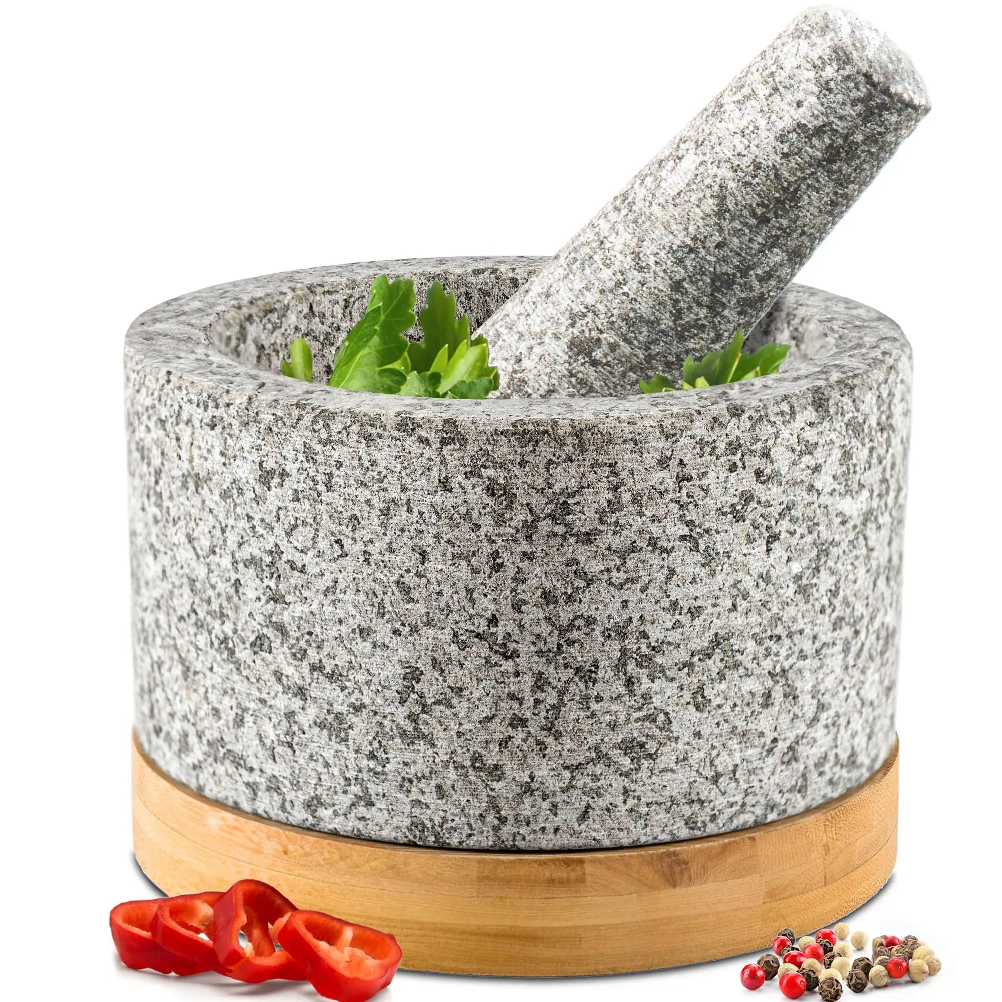 Heavy Duty Mortar and Pestle Set with Bamboo Base, 1.5 Cups, 100% Natural Granite Mortar and Pestle Small Stone Grinder Bowl, Molcajete Bowl, Masher Guacamole Bowls, Unpolished Grey