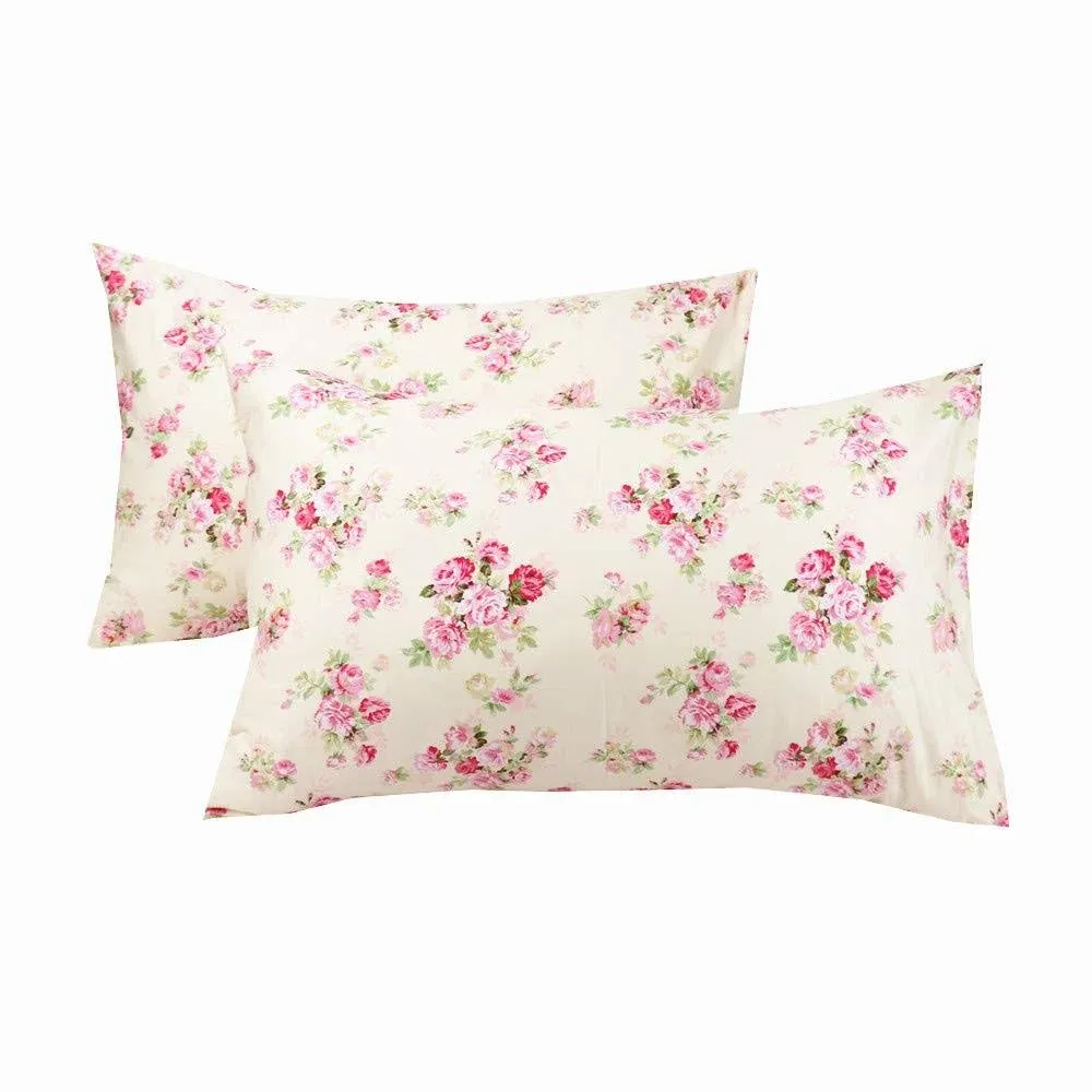 Yih 2 Piece Queen Size Pillow Cases, 100% Cotton Red Floral Pillow Covers with ...