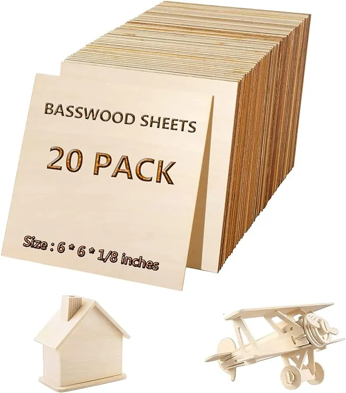 Basswood Sheets ，Unfinished Wood Pieces 20Pcs 6 x 6 x 1/8 Inch，Plywood Board ...