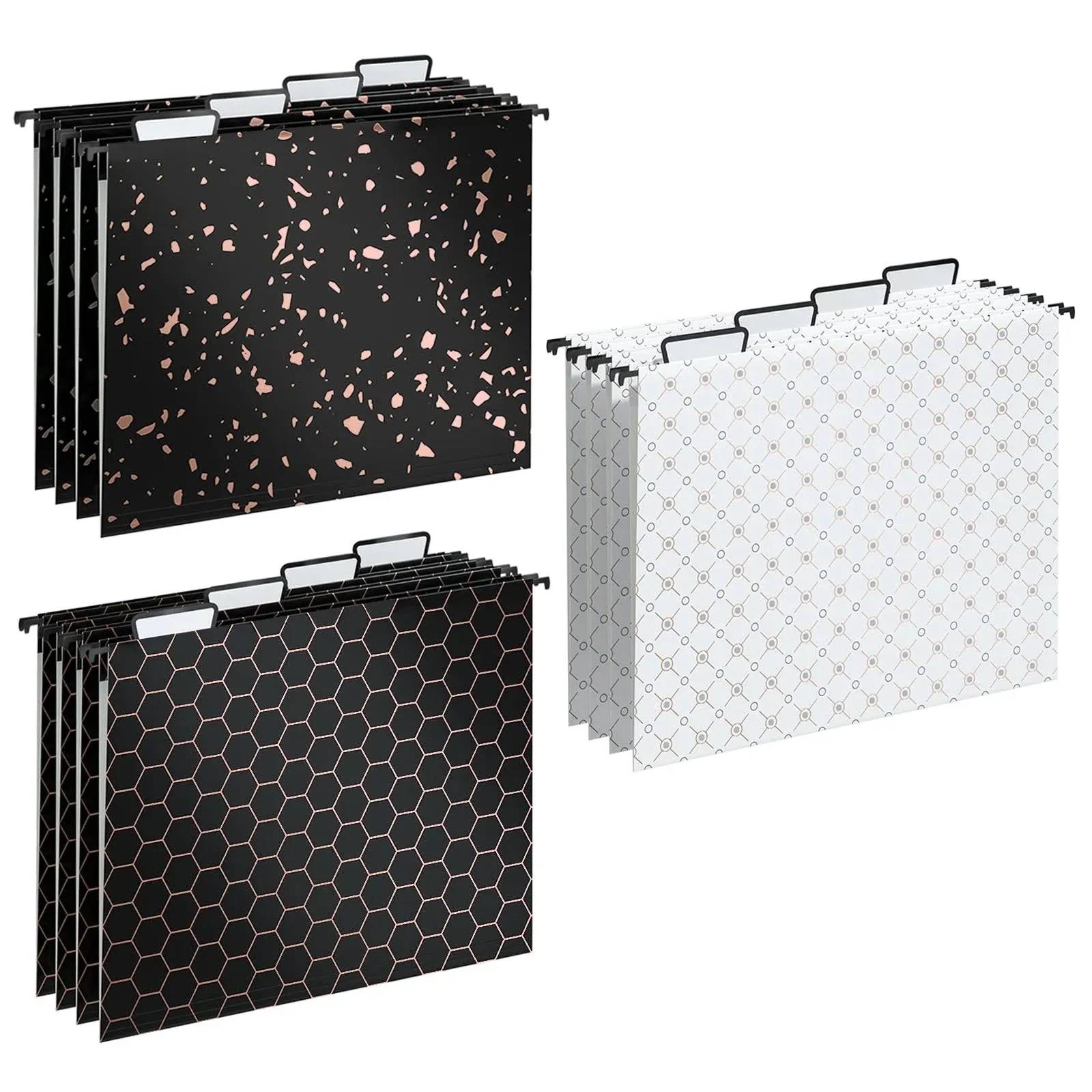 Y YOMA 12 Pack Decorative Hanging File Folders Letter Size Rose Gold File Folder Pretty Hanging Folder Organizer for Filing Cabinet Office Home with 1/5-Cut Adjustable Tabs, 3 Black Foil Design