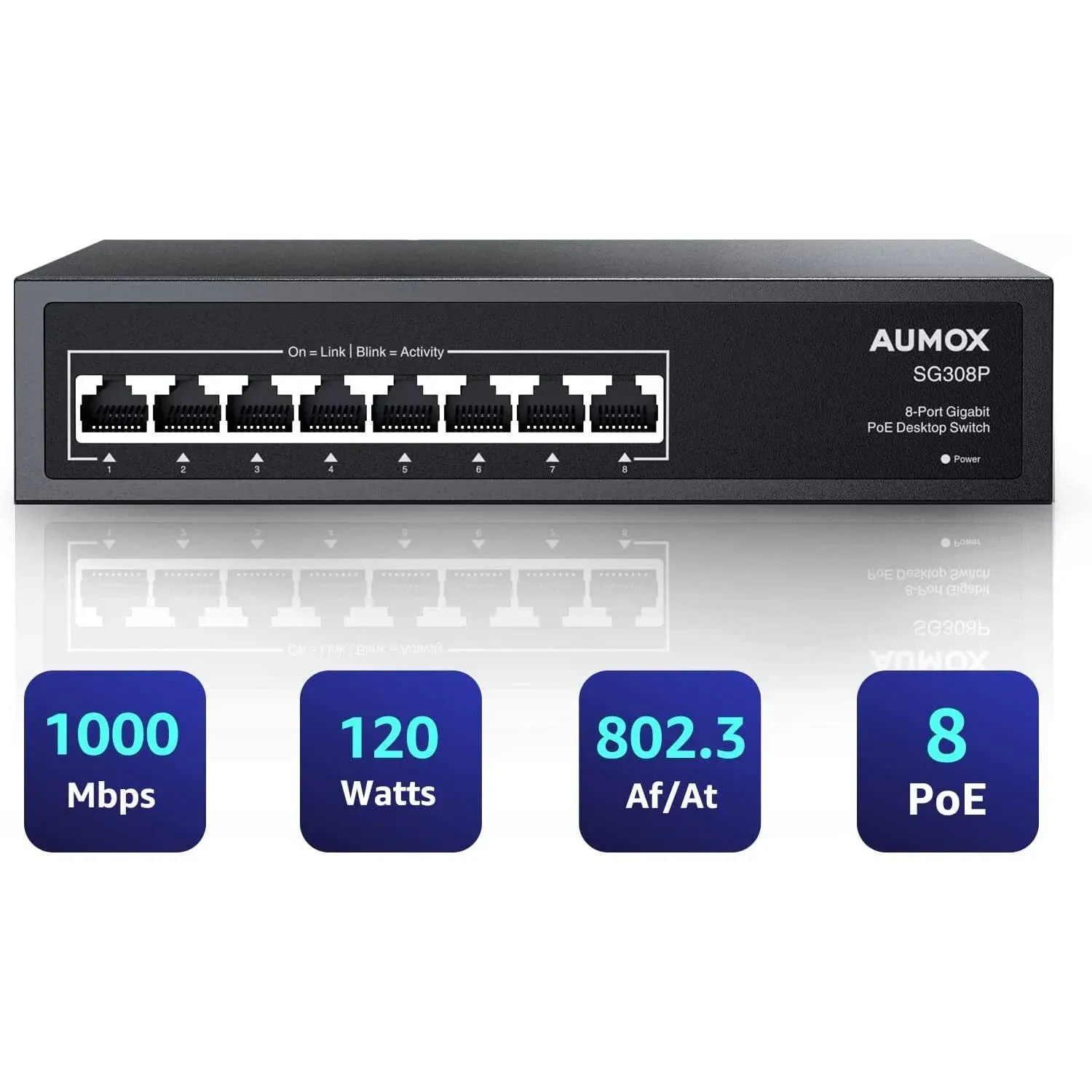 Aumox 8 Port Gigabit PoE Switch, 8 120W, Ethernet Black