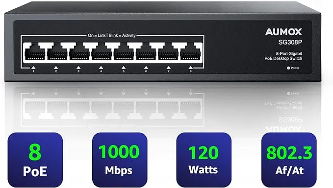 8 Port Gigabit PoE Switch, 8 Port PoE 120W, Gigabit Ethernet Unmanaged Network Switch, Plug and Play, Sturdy Metal Housing, Traffic Optimization