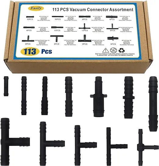 Vacuum Connector Assortment 113 PCS Heat Resistance 240℃（460℉）Automotive Vacuum Tubing Connector Vacuum Tee Connector Assortment Kit Black Nylon