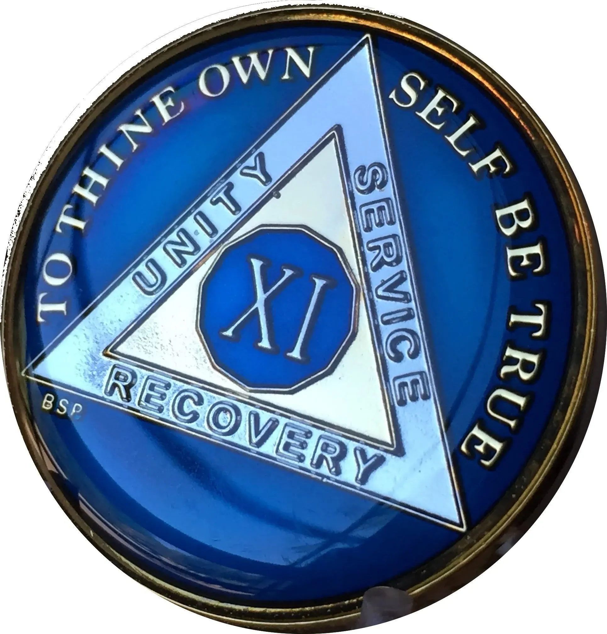 11 Year Midnight Blue AA Medallion Alcoholics Anonymous Chip Gold Tri Plate