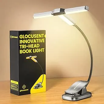 Glocusent Innovative Tri-Head Book Light for Reading in Bed, 3 Colors & 5 Brightness Levels, 1000mAh Rechargeable, with 30-Min Timer, 10-100Hrs, Partner Friendly, Perfect for Book Lovers