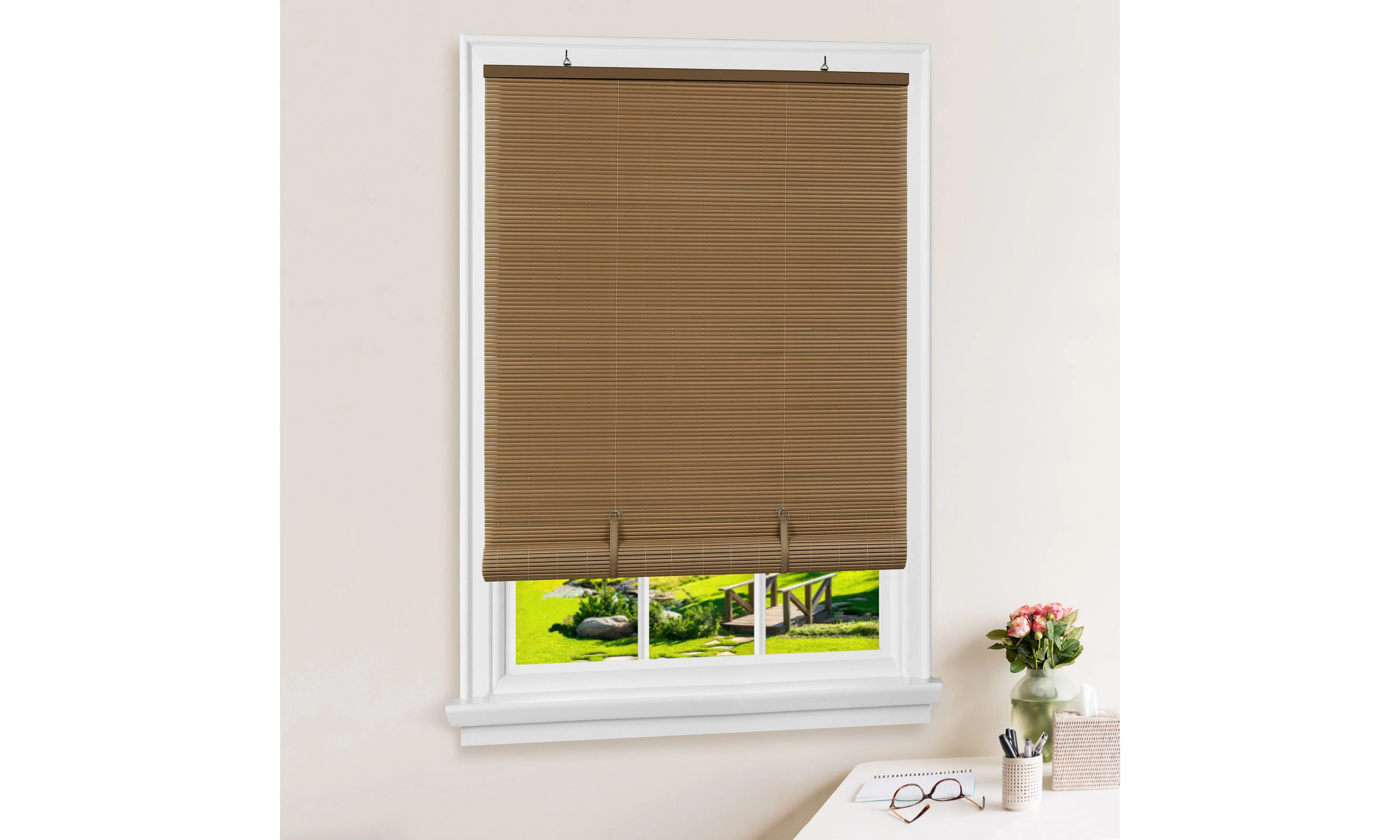 Solstice Woodtone Cordless Light Filtering Vinyl Roll-Up Blind with 1/4 in. Oval Slats 36 in. W x 72 in. L