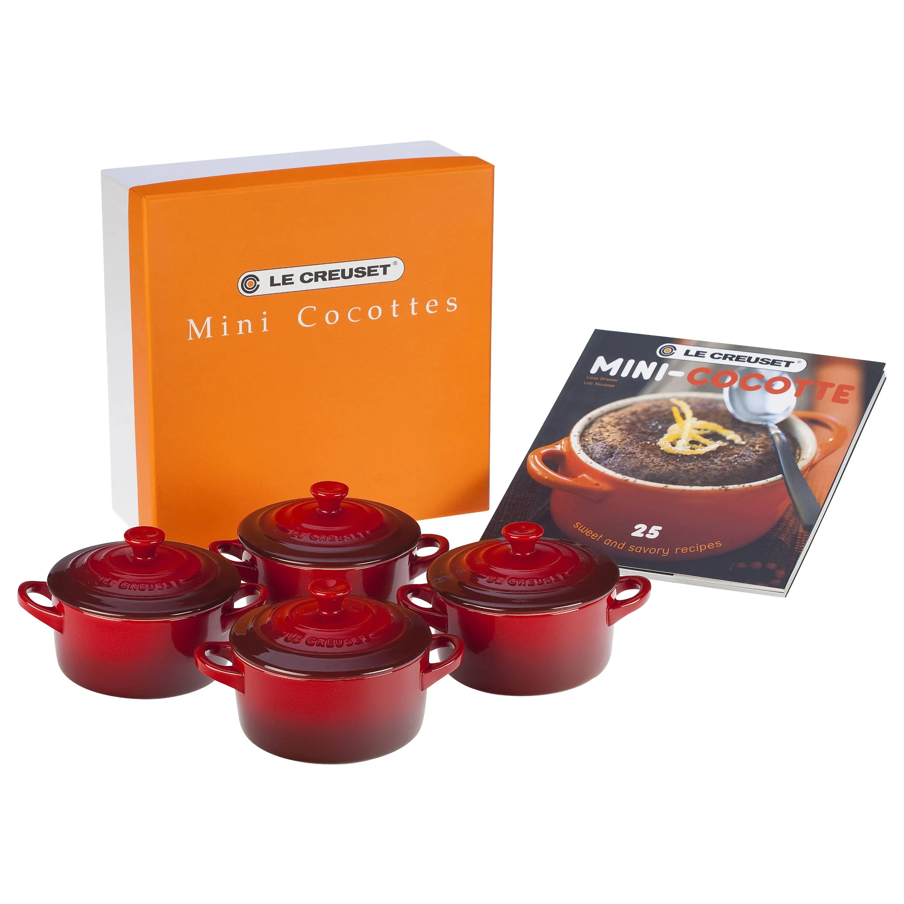 Le Creuset Set of 4 Mini Cocottes with Cookbook, Cerise