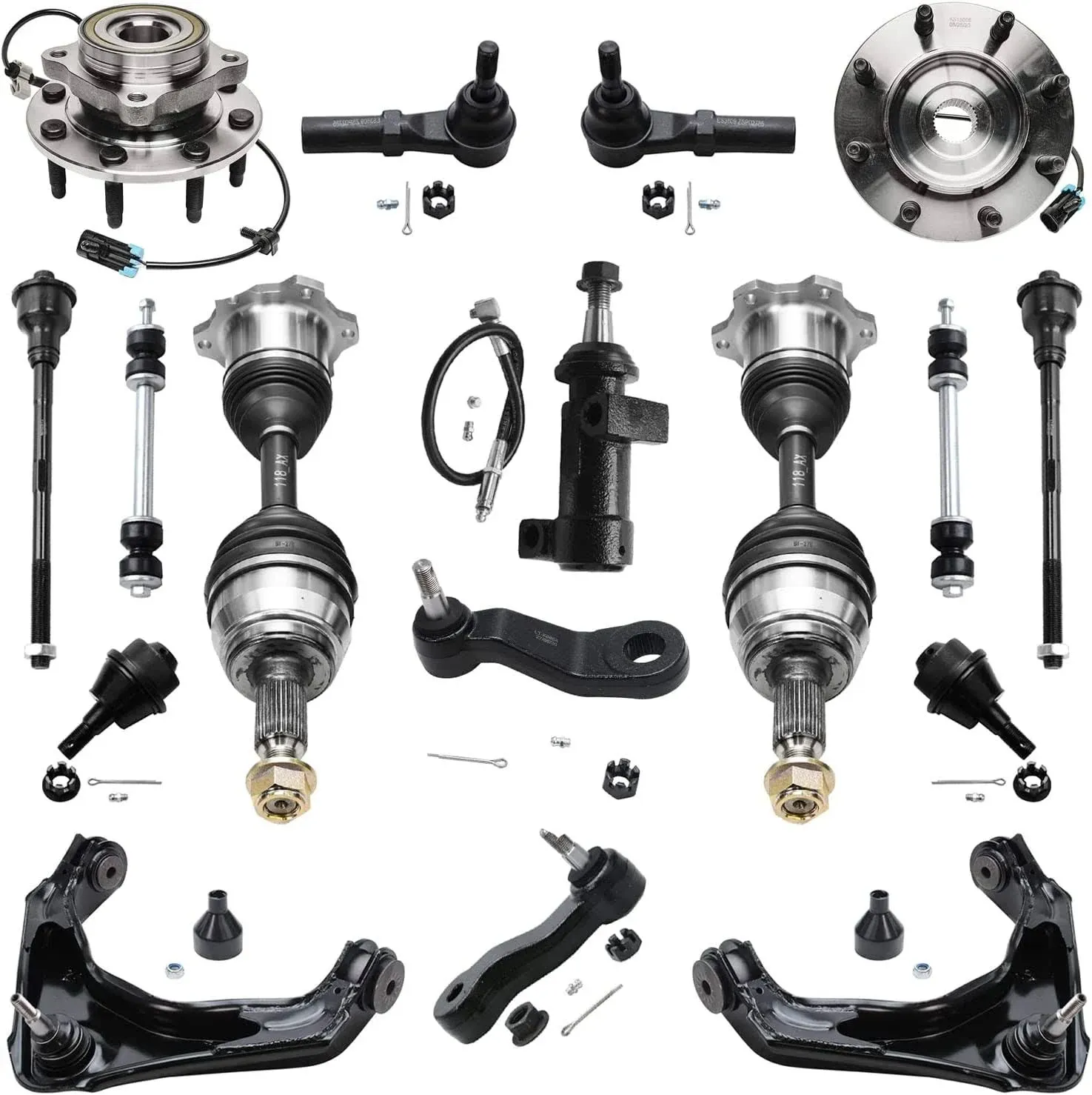 Detroit Axle - 4WD Front End Kit for Chevy GMC Silverado Sierra 1500 HD Avalanche Yukon XL Suburban 2500 3500 Hummer H2 Wheel Bearing Hubs CV Axles Upper Control Arms Ball Joints Tie Rods - 17pc Set