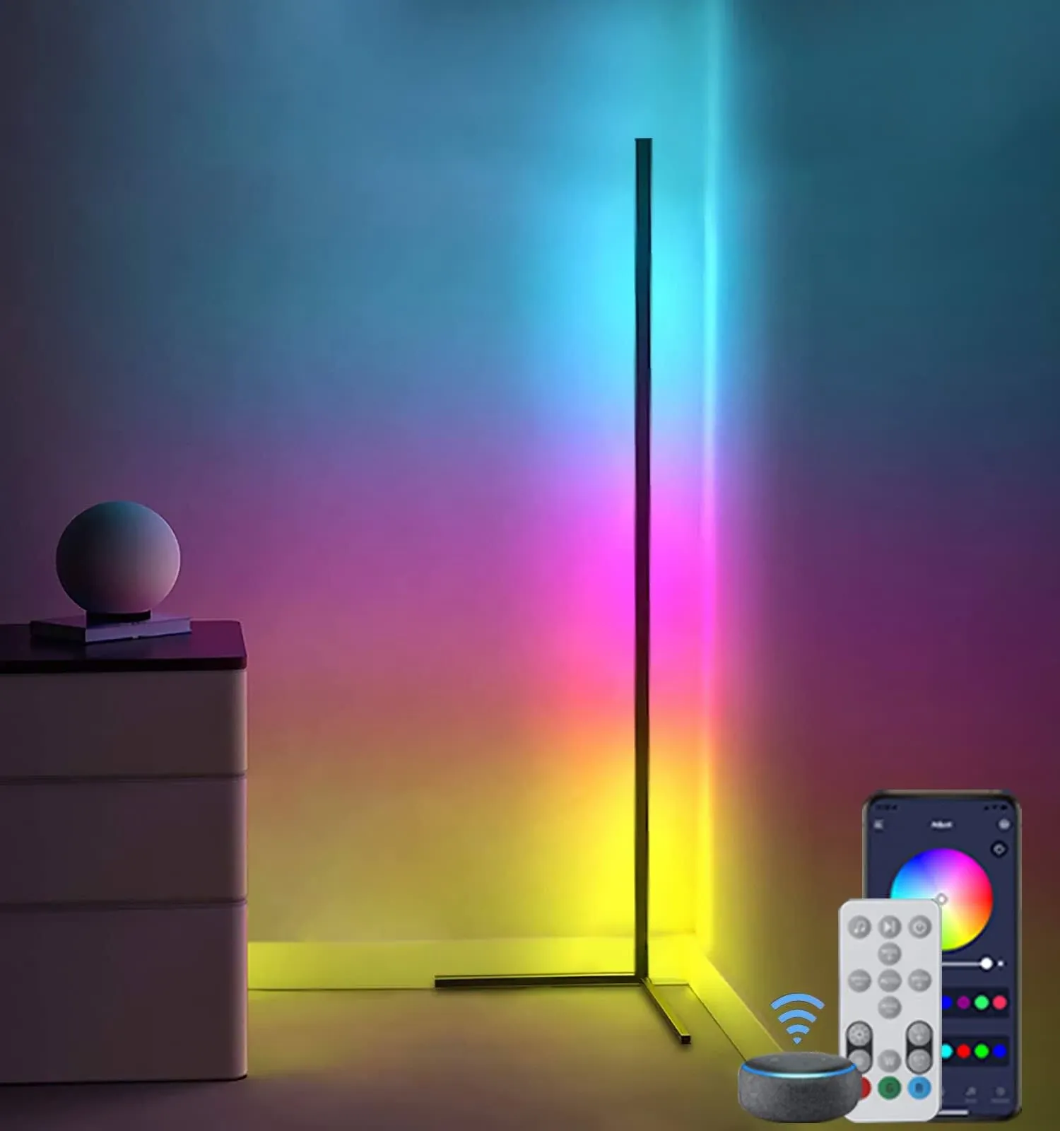 RGB Corner LED Floor Lamp, Corner Floor Lamps, 56&#034; Music Mood lighting Sync 