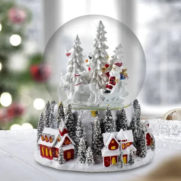 120mm Santa & Snowman w/ Red Village Base Snow Globe