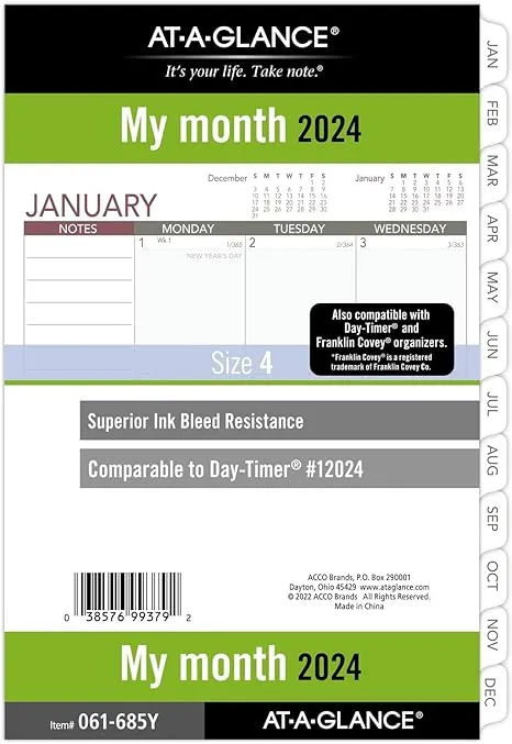 AT-A-GLANCE 2024 Monthly Planner Refill, 5-1/2" x 8-1/2", Desk Size, Loose-Leaf, Unruled Blocks (061-685Y-24)