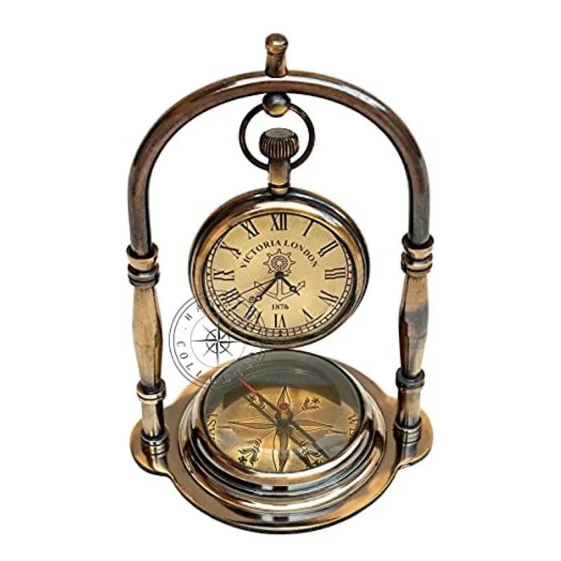 Nautical Clock Ship Table Clock Brass Desk Clock Maritime Brass Compass with ...