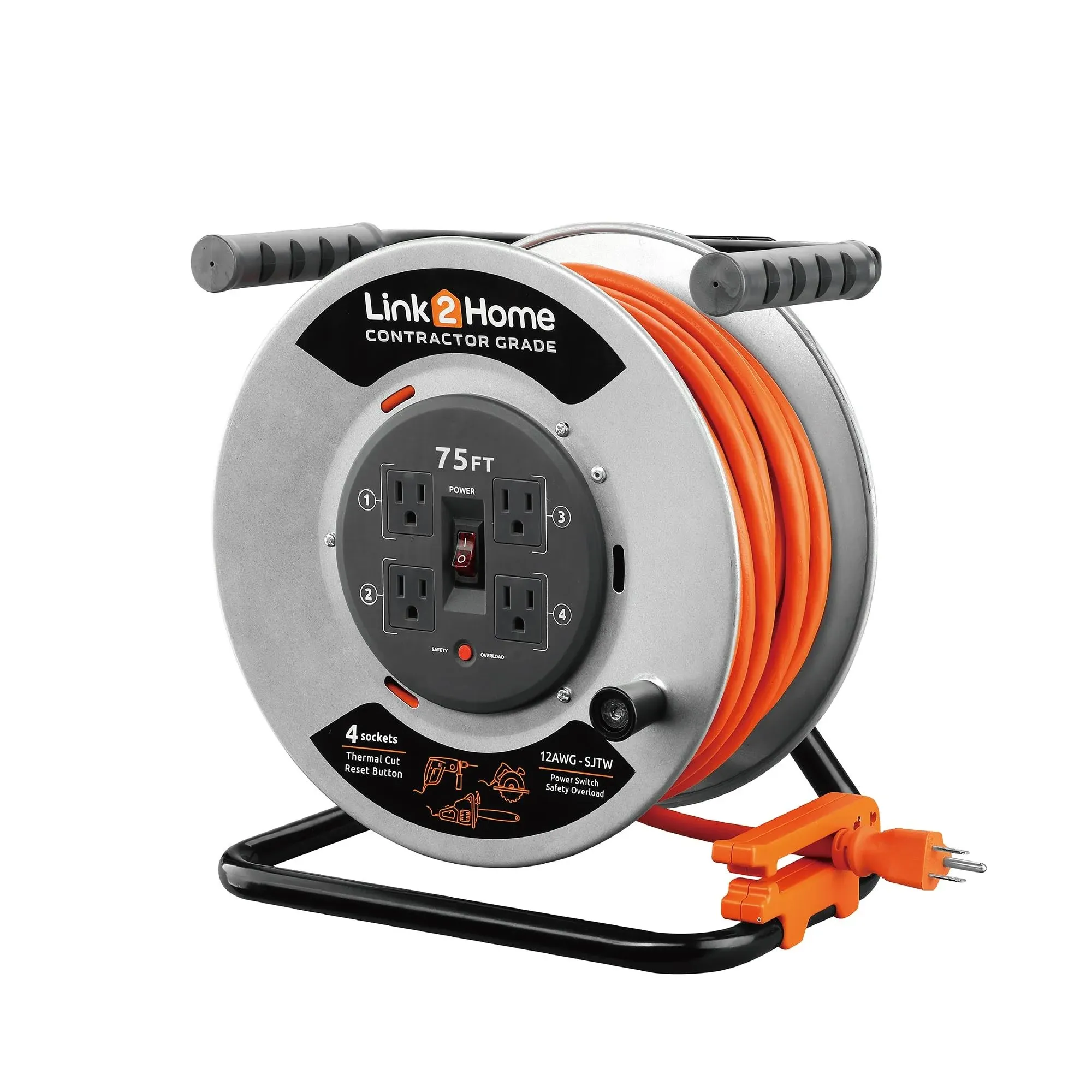 Link2Home Contractor Grade Metal Cord Reel 75 ft. Extension Cord 4 Power Outlets