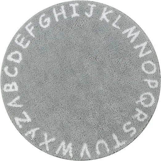 Lahome ABC Alphabet Kids Round Rug - 3' Diameter Grey Washable Area Rugs, Non-Slip Baby Rug Soft Playtime Collection, Cute Furry Plush Shaggy Floor Carpet for Bedroom Playroom Nursery Room