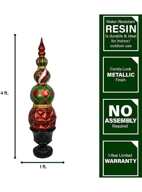 Fraser Hill Farm 50 in. Resin Ball and Finial Topiary in A Black Pedestal Urn, Indoor/Outdoor Christmas Decoration