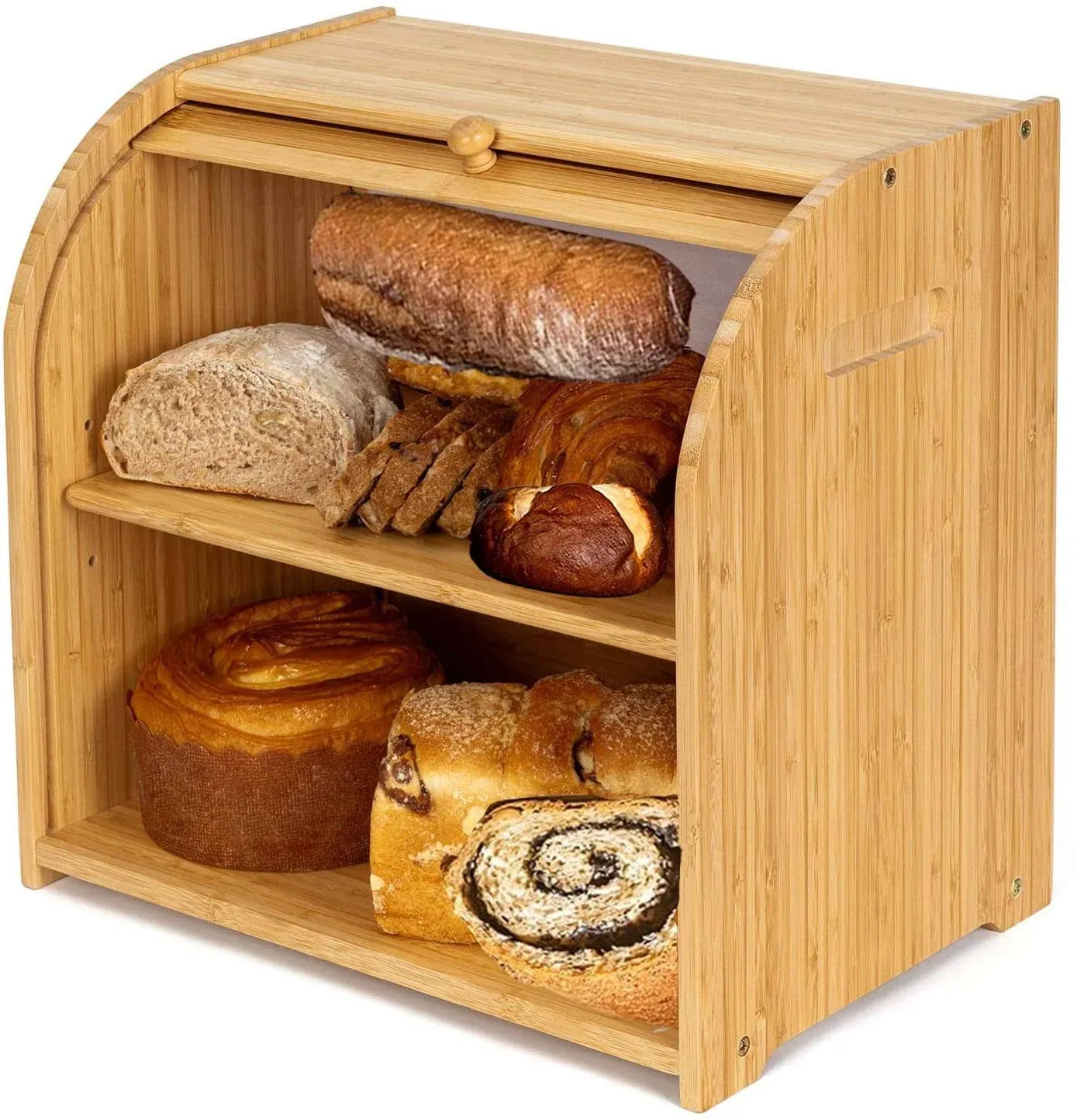 Purbambo Bamboo Bread Box for Kitchen Countertop, Double Layer Roll-Top Bread ...