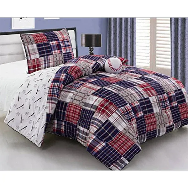 3 - Piece Kids Twin Size Baseball Sports Theme Comforter Set with Plush Ball Included-Navy Blue, Red, White and Beige Plaid. Boys, Girls, Guest Room and School Dormitory Bedding