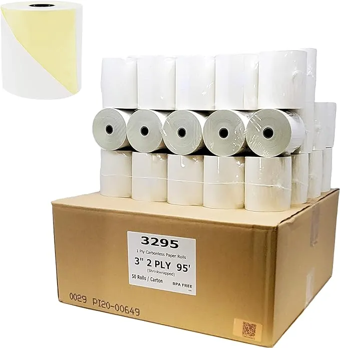 BuyRegisterRolls 2 Ply Carbonless Rolls (50 Rolls) 3 X 95 Feet Carbonless White/Canary Kitchen Printer Paper Rolls With Solid Tube Core