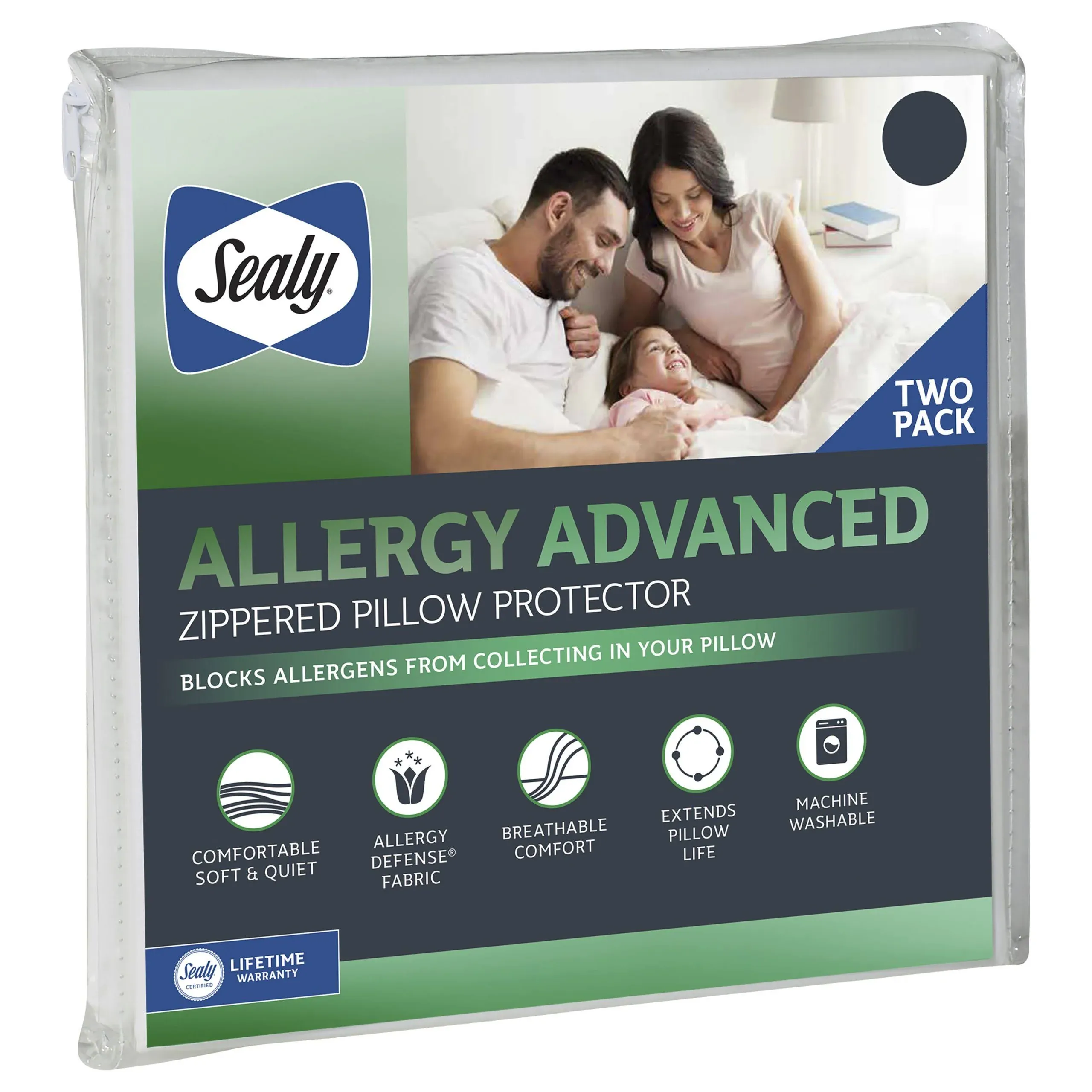 Sealy Allergy Advanced Zippered Pillow Protector, Standard/Queen, 2 Pack, White