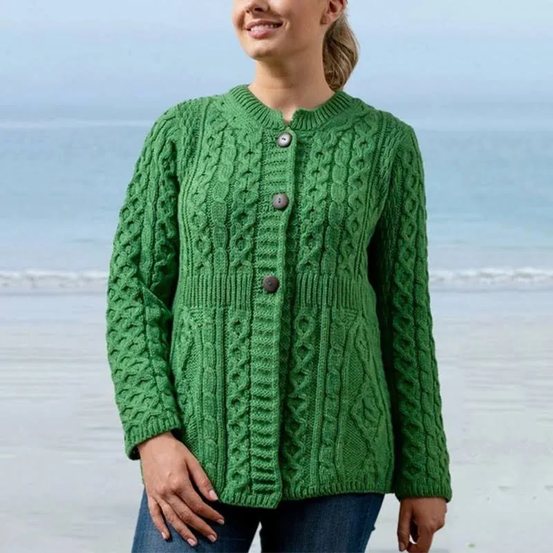 Aran Irish Women&#039;s A-Line Cardigan Merino Cable Knit Jacket Made in Ireland