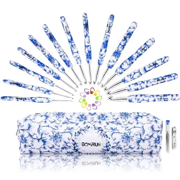 BCMRUN Crochet Hooks Set 14 Size Blue and White Porcelain Pattern Crochet Hooks ...