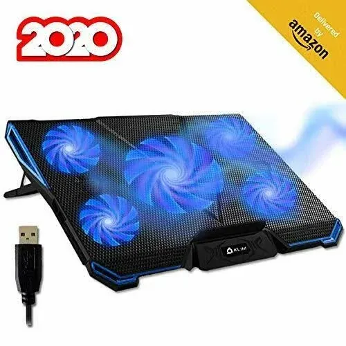 KLIM Cyclone Laptop Cooling Pad with 5 Quiet Fans - New 2023 - Gaming Laptop Cooling Pad - Stable Laptop Stand with Fan - Compatible up to 17"- 5 Year Warranty - PC Mac PS5 PS4 Xbox One - Black Blue