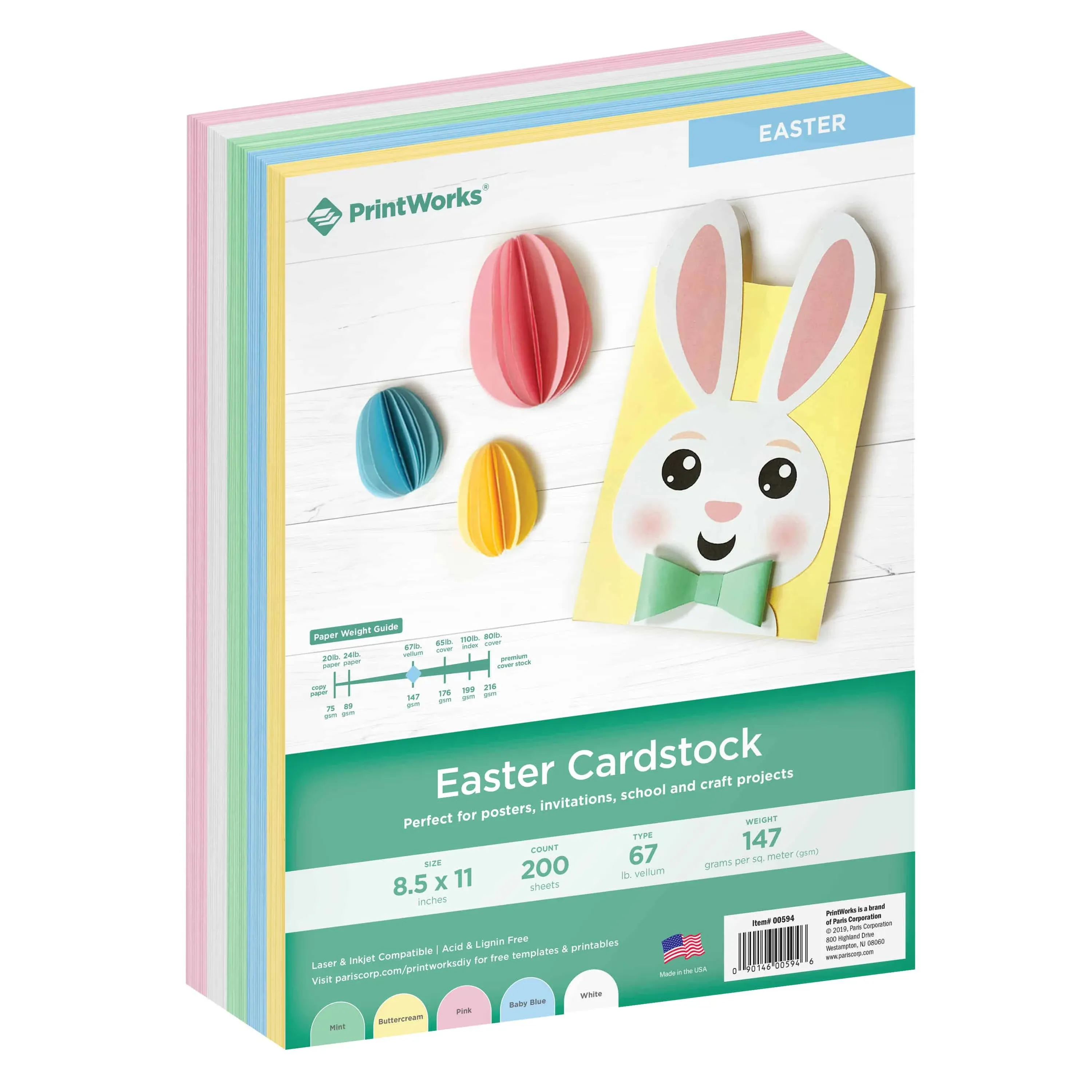 Printworks Easter Cardstock Collection, 67lb Heavyweight Cardstock, Includes Pastel Pink, Green, Yellow, Blue, and White Cardstock, 200 sheets total, Perfect for Cards, Crafts & More …