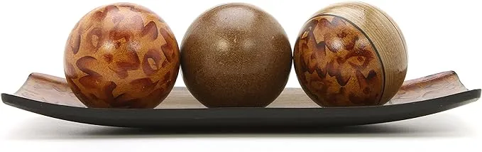 Hosley Brown Hand Painted Pattern Decorative Bowl Tray and Orb Ball Set 15 Inches Long Burlwood Style Finish Ideal Gift for Weddings Party Spa Reiki Meditation Settings O3