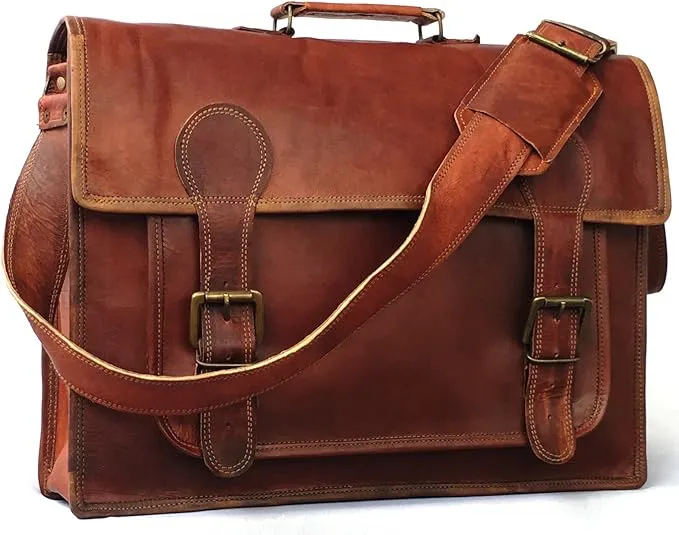 18 Inch Vintage Handmade Leather Travel Messenger Office Crossbody Bag Laptop Briefcase Computer College Satchel Bag For Men And Women