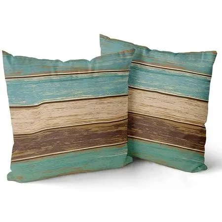 Wood Throw Pillow Cover Set of 2 Retro Rustic Teal Green Brown Pillow Case Cotton ...