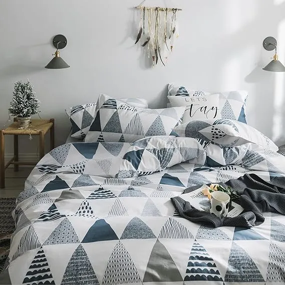 HighBuy Triangle Twin Duvet Cover Chckered Bedding Set Kids Cotton Children Twin Geometric Gingham Printed Duvet Cover Set 3 Pieces Modern Reversible Comforter Duvet Cover for Teens,Girls,Boys