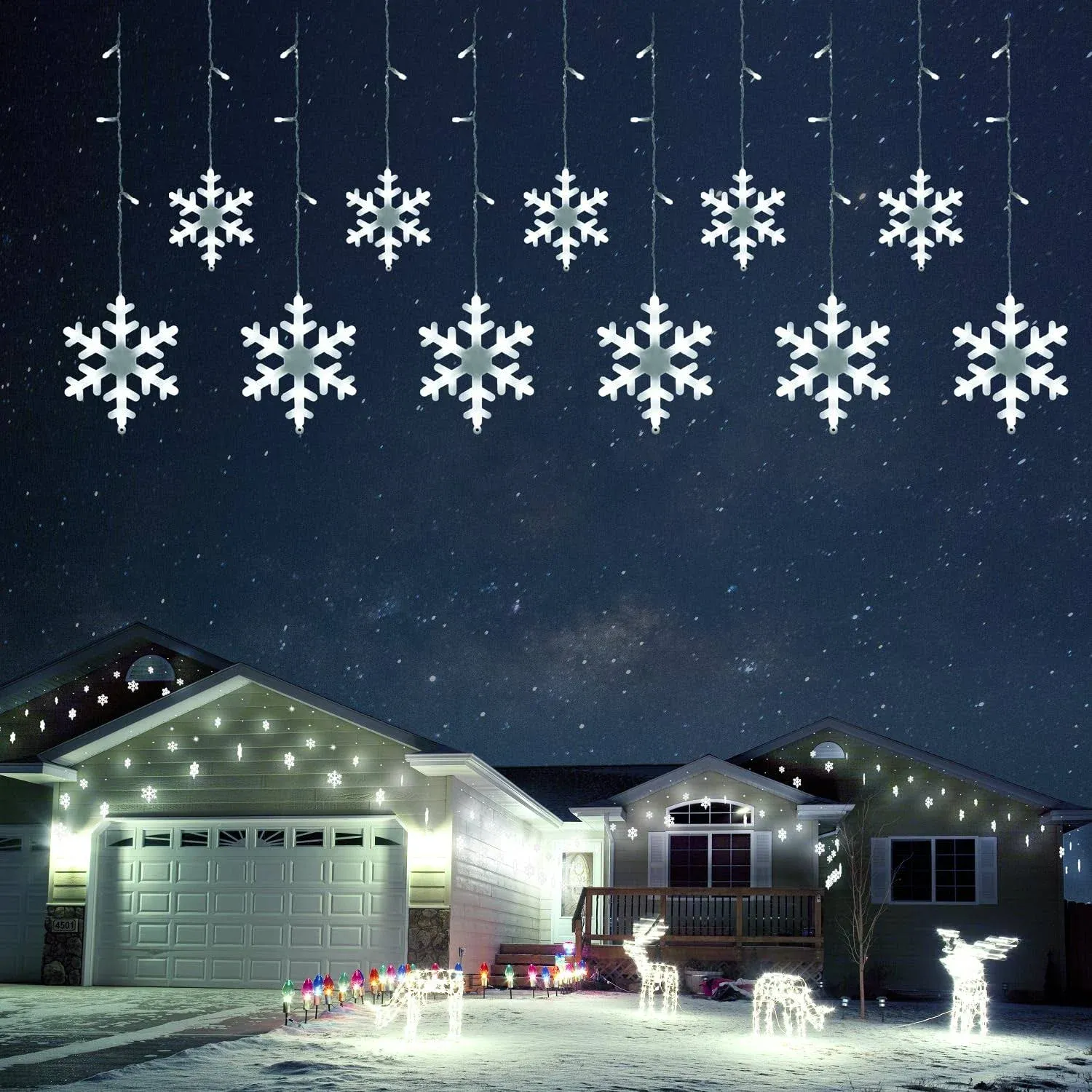 JOFIOS Christmas Snowflake Lights, 11.48ft Outdoor Led Snowflake Icicle Chris...