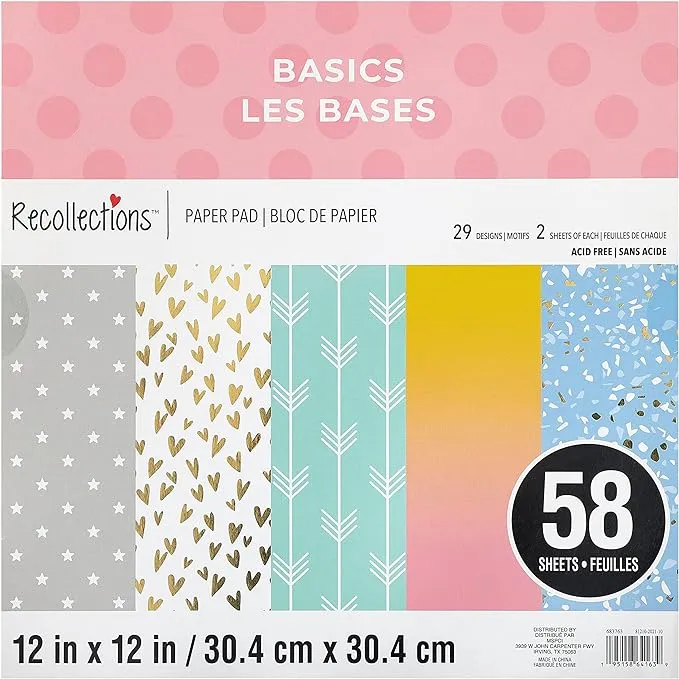 58 Sheets 12" x 12" Basics Paper Pad by Recollections - Acid Free Paper for Scrapbooks, Invitations, Greeting Cards, and Arts & Crafts - 1 Pack