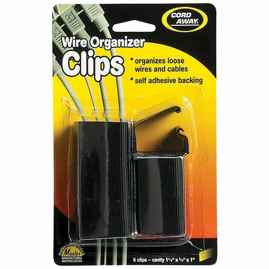 Wire Clips, Wall/Desk, 7/8in H, Blk, PK6