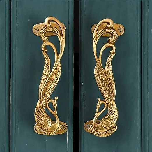 Indian Shelf 1 Pair Peacock Decorative Door Handles Interior Vintage Door Pulls Antique Brass Cabinet Pulls Unique Gold Cabinet Handles- 7.4"