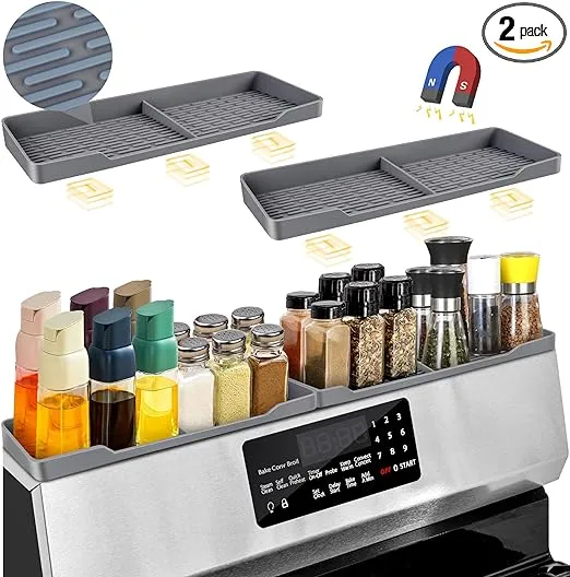 Magnetic Stove Top Shelf Space saving Spice Rack Organizer, Upgraded 30inch Seasoning Storage Above Oven, Spice Holder Over The Stove, Non-Slip Silicone Mat On Stovetop For Kitchen Organization