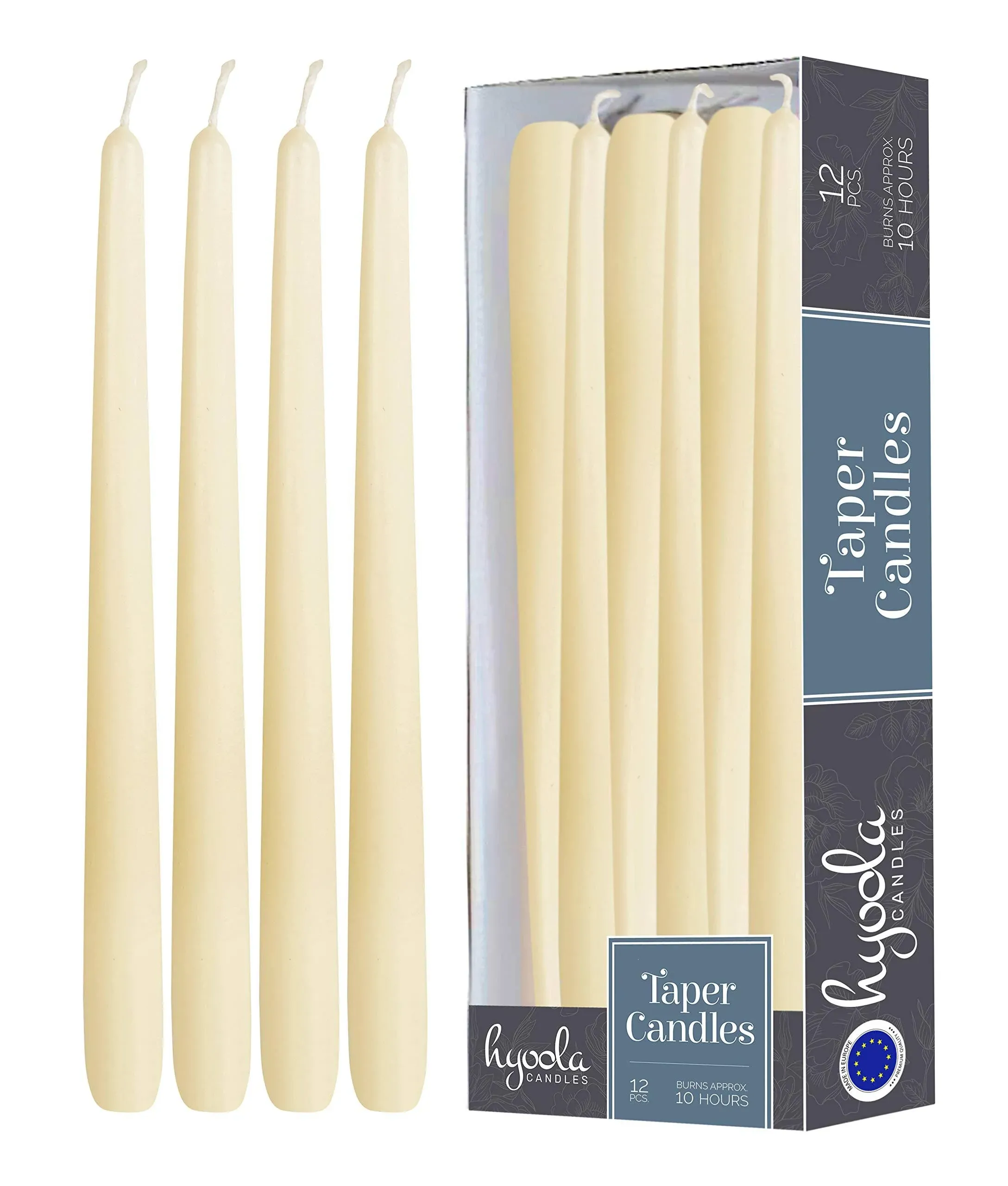 Hyoola 12 Pack Tall Taper Candles - 12 inch Woolwhite Dripless, Unscented Dinner Candle - Paraffin Wax with Cotton Wicks - 10 Hour Burn Time