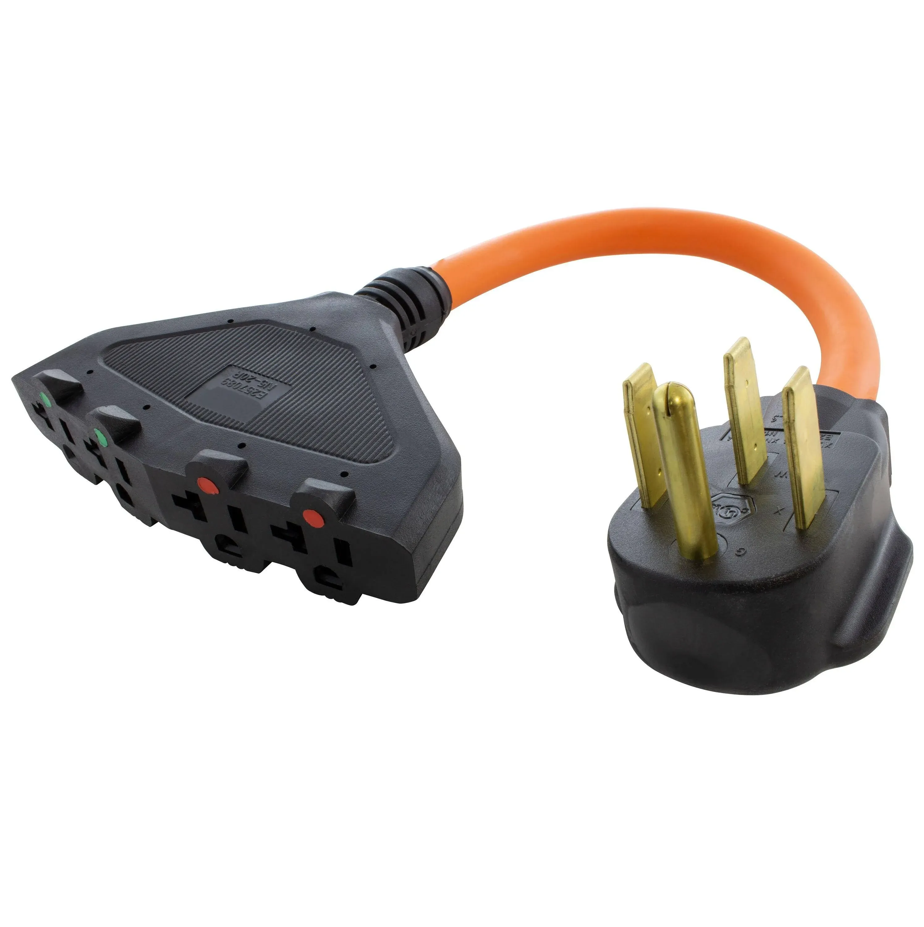 AC WORKS 1.5ft NEMA 14-50P to Four NEMA 5-20R 50-Amp 4-wire To 3-wire Grounding Single To Four Orange Basic Flexible Adapter