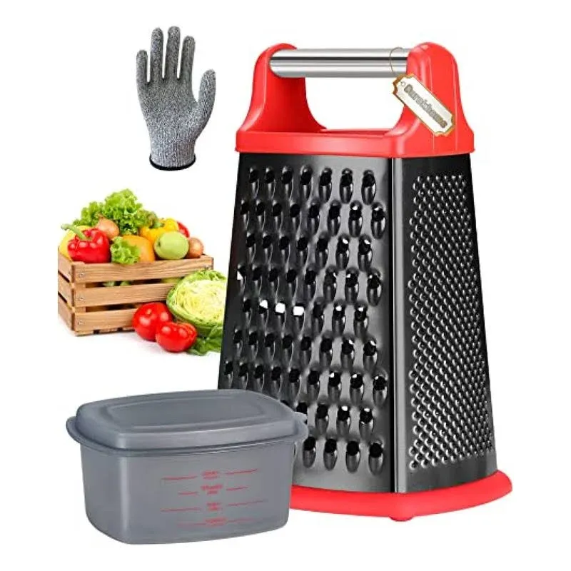 Ourokhome Box Grater with Container - 4 in 1 Stainless Steel Coating Red