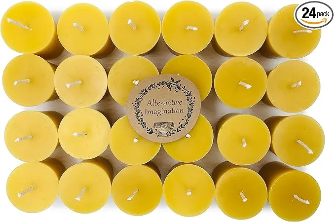 24 Pack of Beeswax Votive Candles - 100% Pure, Natural Beeswax with Natural Light Honey Scent - 15 Hour Burn - Alternative Imagination