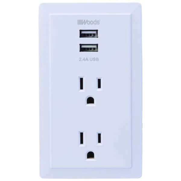 Woods 41230 2-Outlet 2 USB Plug in Charging Wall Tap White