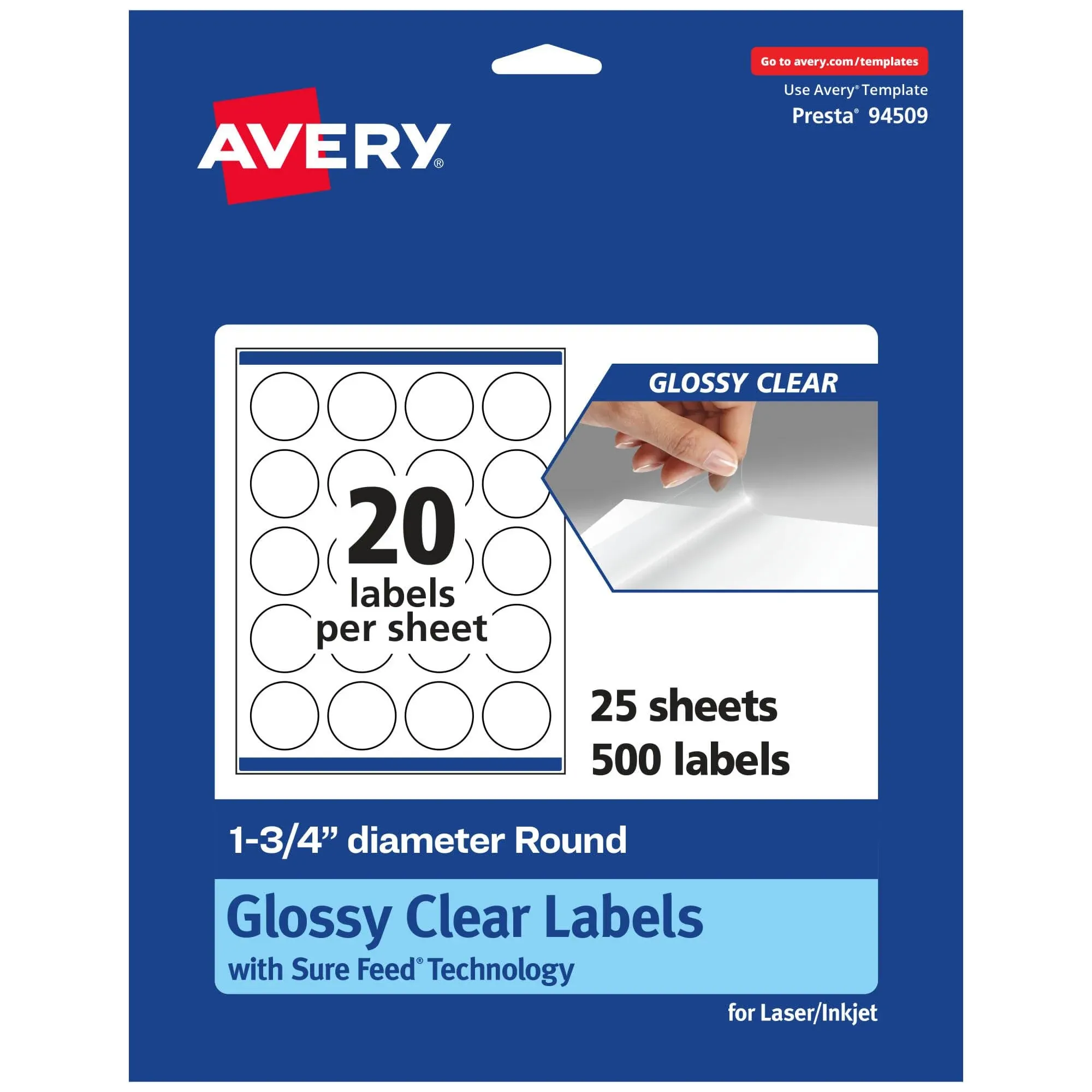 Avery Glossy Clear Round Labels with Sure Feed, 1.75" Diameter, 500 Glossy Clear ...